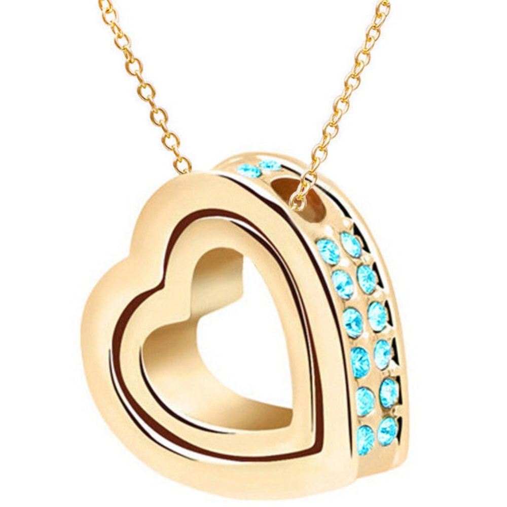 Double heart turquoise aqua rhinestone necklace
